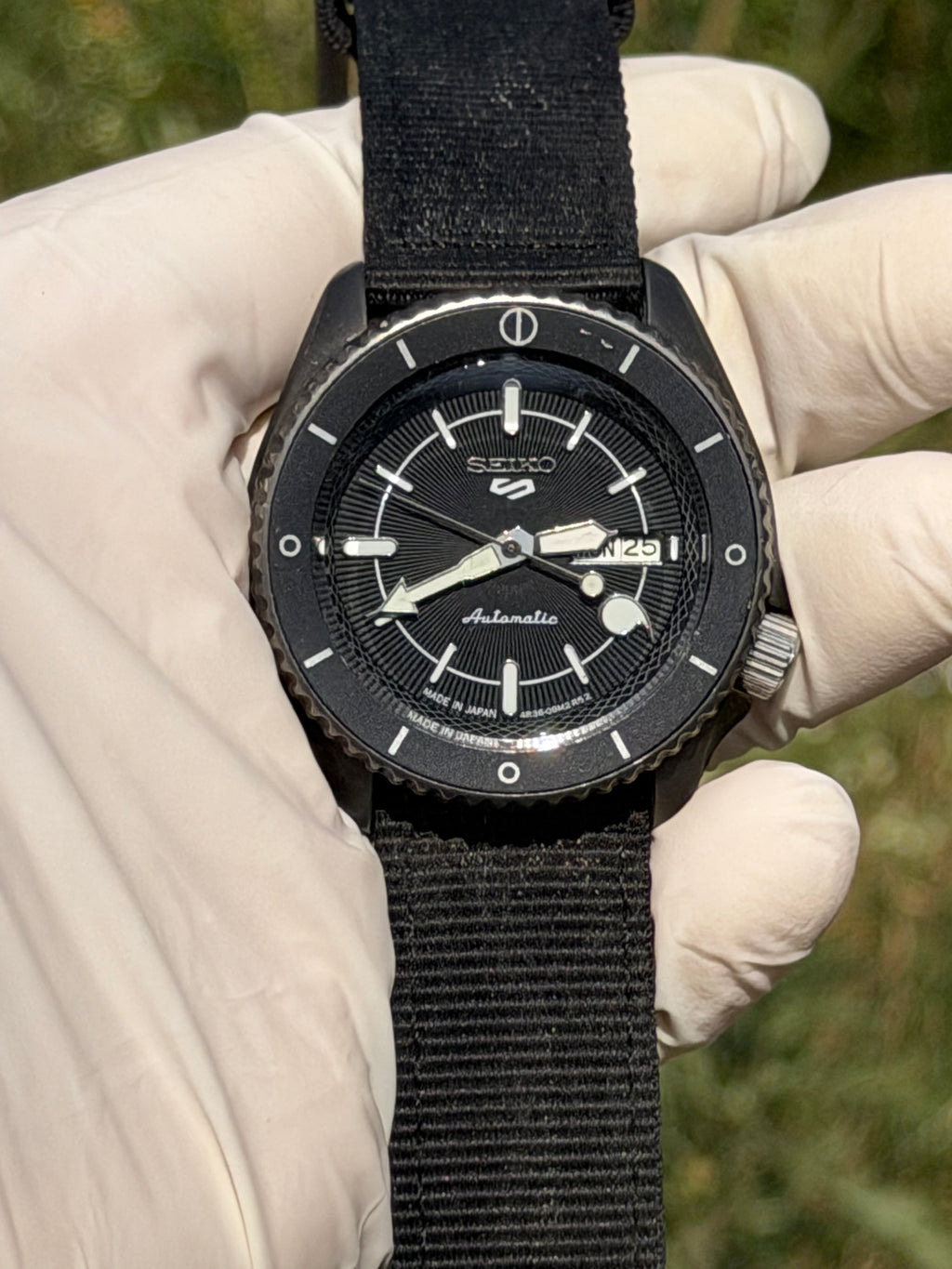 Limited Edition Stealth Blackout Custom Build - Original Seiko 4R36 Automatic Movement - Anime Inspired Day-Date - Exhibition Caseback - 10 Bar - NATO Edition