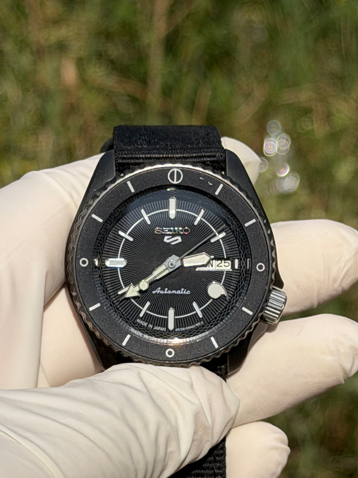 Limited Edition Stealth Blackout Custom Build - Original Seiko 4R36 Automatic Movement - Anime Inspired Day-Date - Exhibition Caseback - 10 Bar - NATO Edition