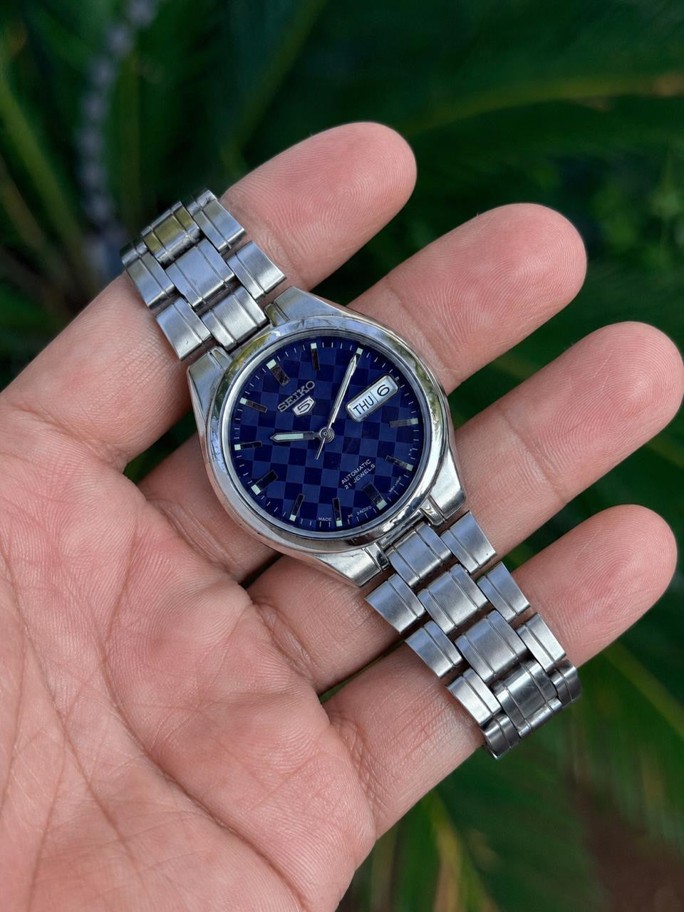 Gift For Him - Vintage Seiko 5 Automatic Blue Checkered Dial Watch - Day Date - 21 Jewels Gift For Dad| Refurbished