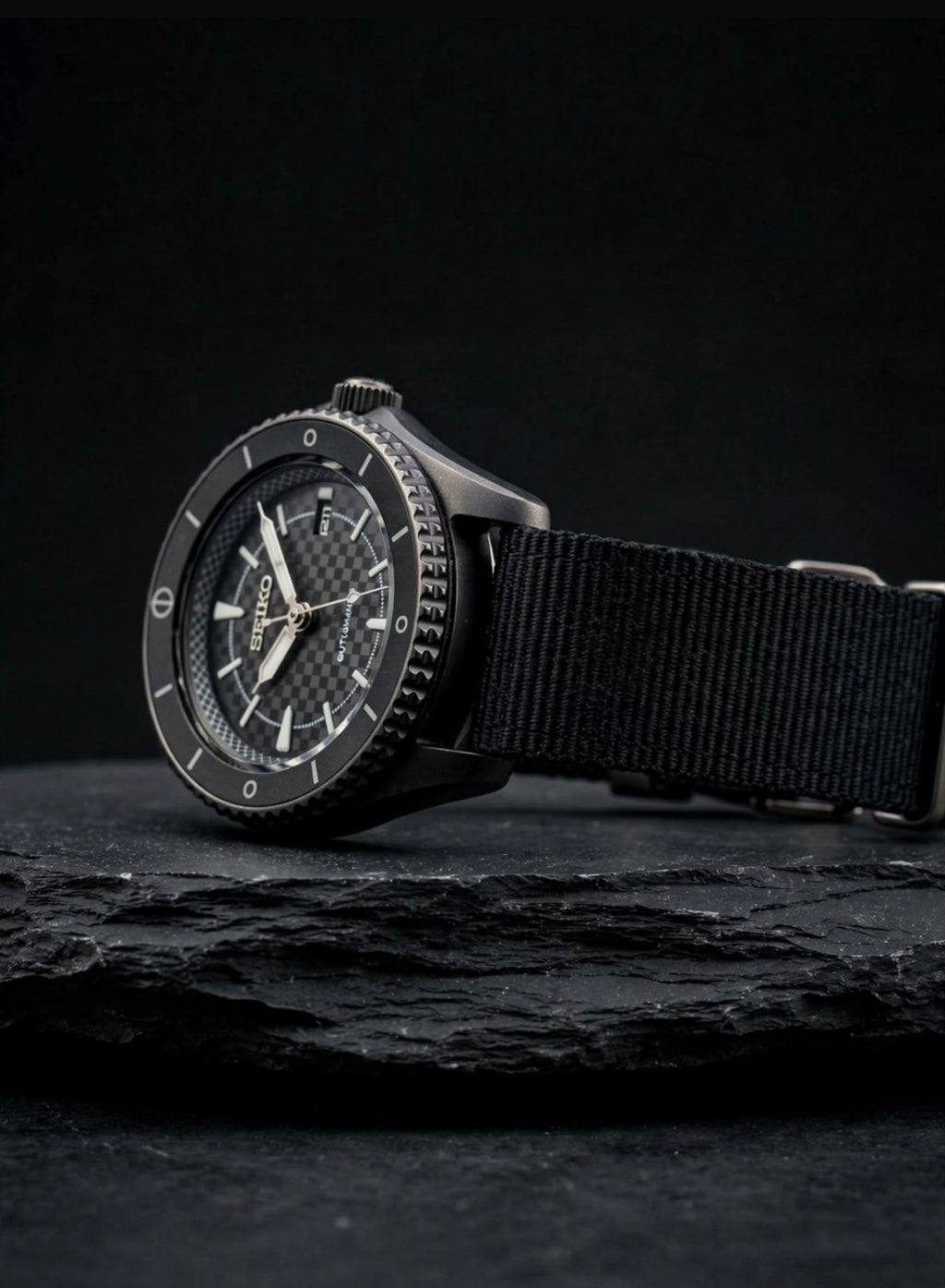 Limited Edition Stealth Blackout Custom Build - Original Seiko 4R36 Automatic Movement - Anime Inspired Day-Date - Exhibition Caseback - 10 Bar - NATO Edition