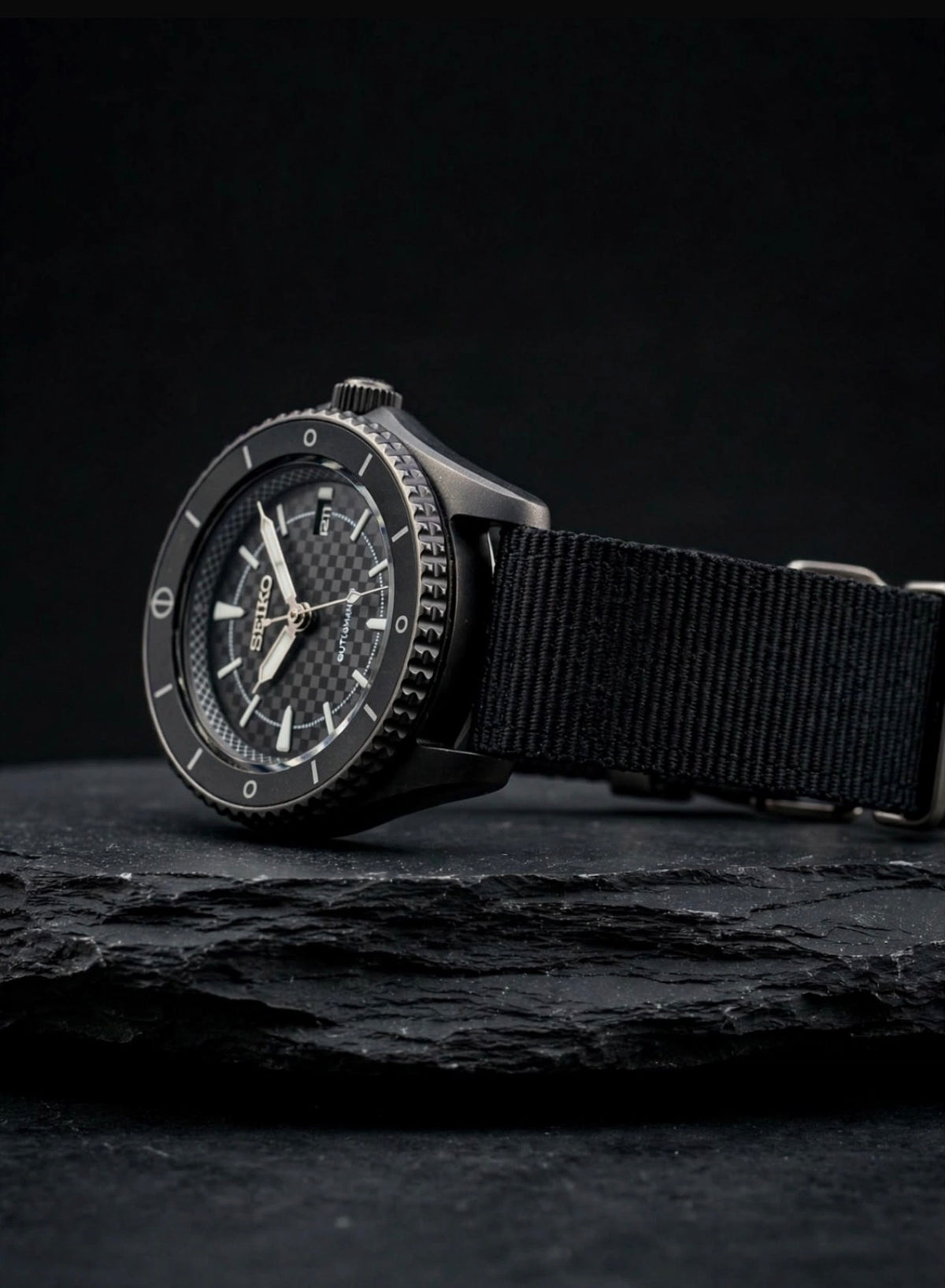 Limited Edition Stealth Blackout Custom Build - Original Seiko 4R36 Automatic Movement - Anime Inspired Day-Date - Exhibition Caseback - 10 Bar - NATO Edition