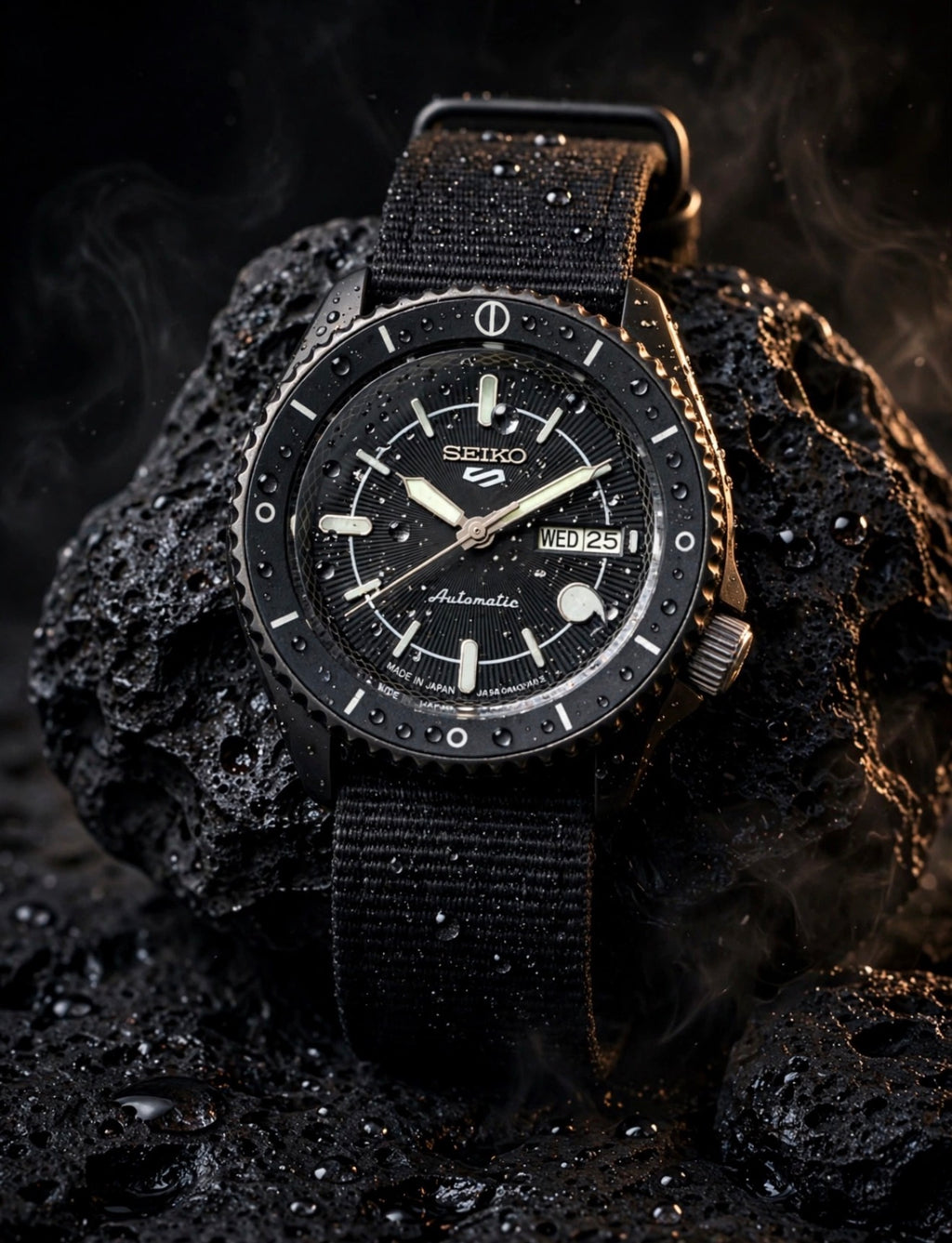 Limited Edition Stealth Blackout Custom Build - Original Seiko 4R36 Automatic Movement - Anime Inspired Day-Date - Exhibition Caseback - 10 Bar - NATO Edition