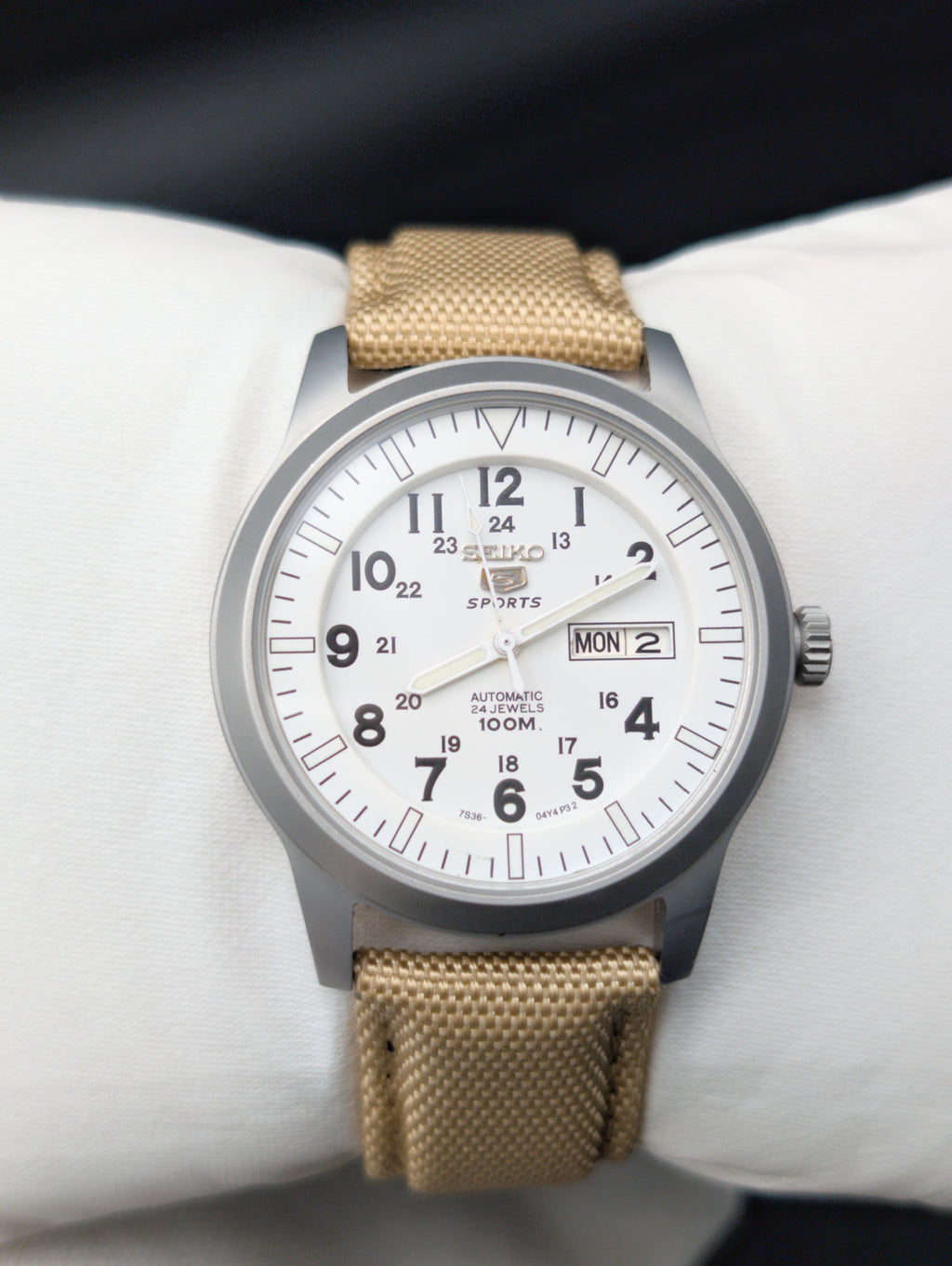 Seiko 5 Sports Automatic Watch - White Military Field Dial - 24 Jewels Original Seiko Movement - Day Date - Beige NATO Strap - Aftermarket Build - SNZG07 Homage
