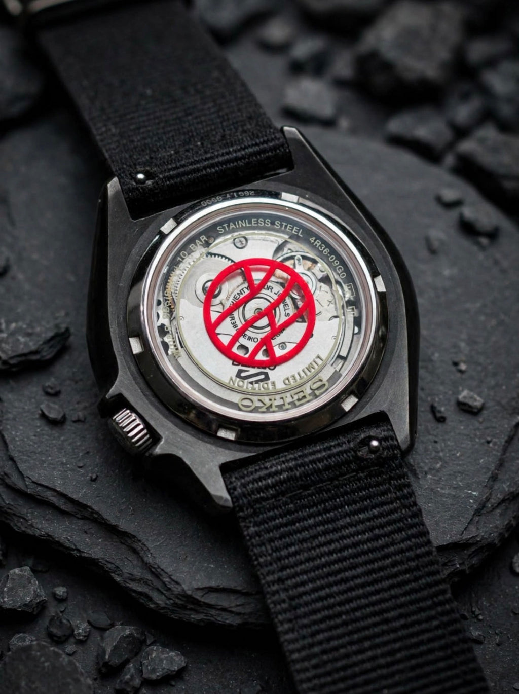 Limited Edition Stealth Blackout Custom Build - Original Seiko 4R36 Automatic Movement - Anime Inspired Day-Date - Exhibition Caseback - 10 Bar - NATO Edition