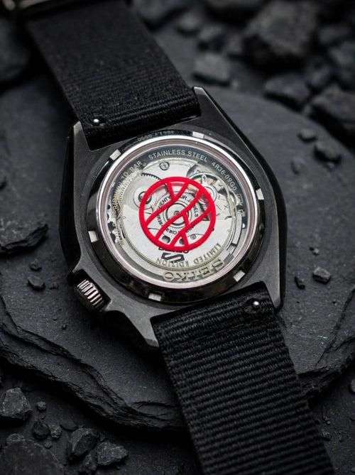 Limited Edition Stealth Blackout Custom Build - Original Seiko 4R36 Automatic Movement - Anime Inspired Day-Date - Exhibition Caseback - 10 Bar - NATO Edition