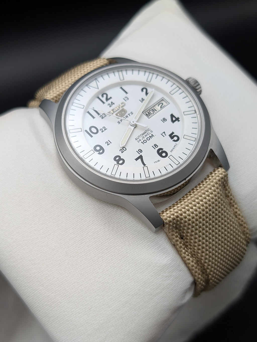 Seiko 5 Sports Automatic Watch - White Military Field Dial - 24 Jewels Original Seiko Movement - Day Date - Beige NATO Strap - Aftermarket Build - SNZG07 Homage