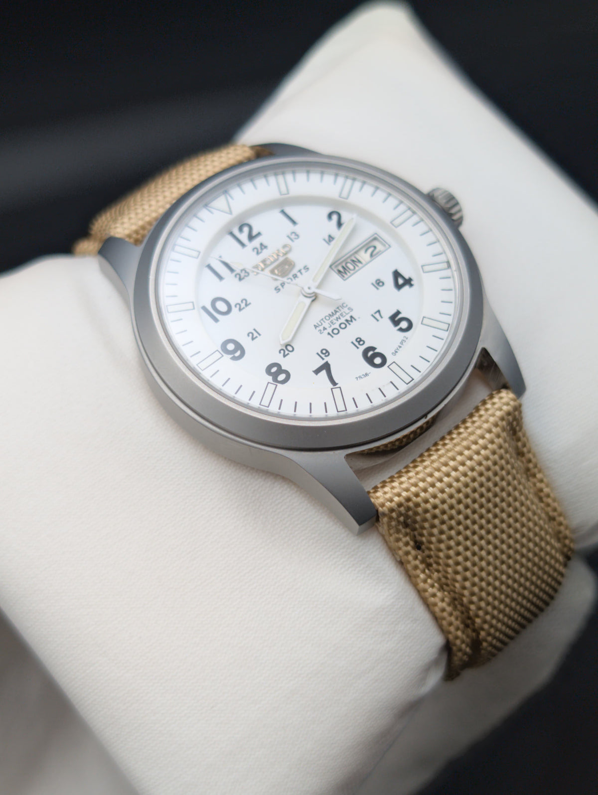 Seiko 5 Sports Automatic Watch - White Military Field Dial - 24 Jewels Original Seiko Movement - Day Date - Beige NATO Strap - Aftermarket Build - SNZG07 Homage