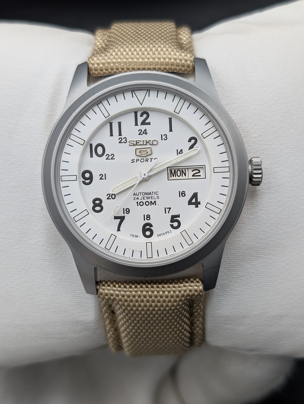 Seiko 5 Sports Automatic Watch - White Military Field Dial - 24 Jewels Original Seiko Movement - Day Date - Beige NATO Strap - Aftermarket Build - SNZG07 Homage