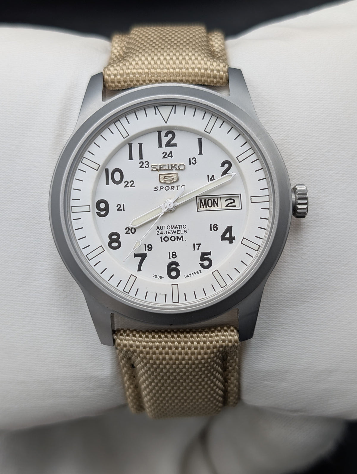 Seiko 5 Sports Automatic Watch - White Military Field Dial - 24 Jewels Original Seiko Movement - Day Date - Beige NATO Strap - Aftermarket Build - SNZG07 Homage