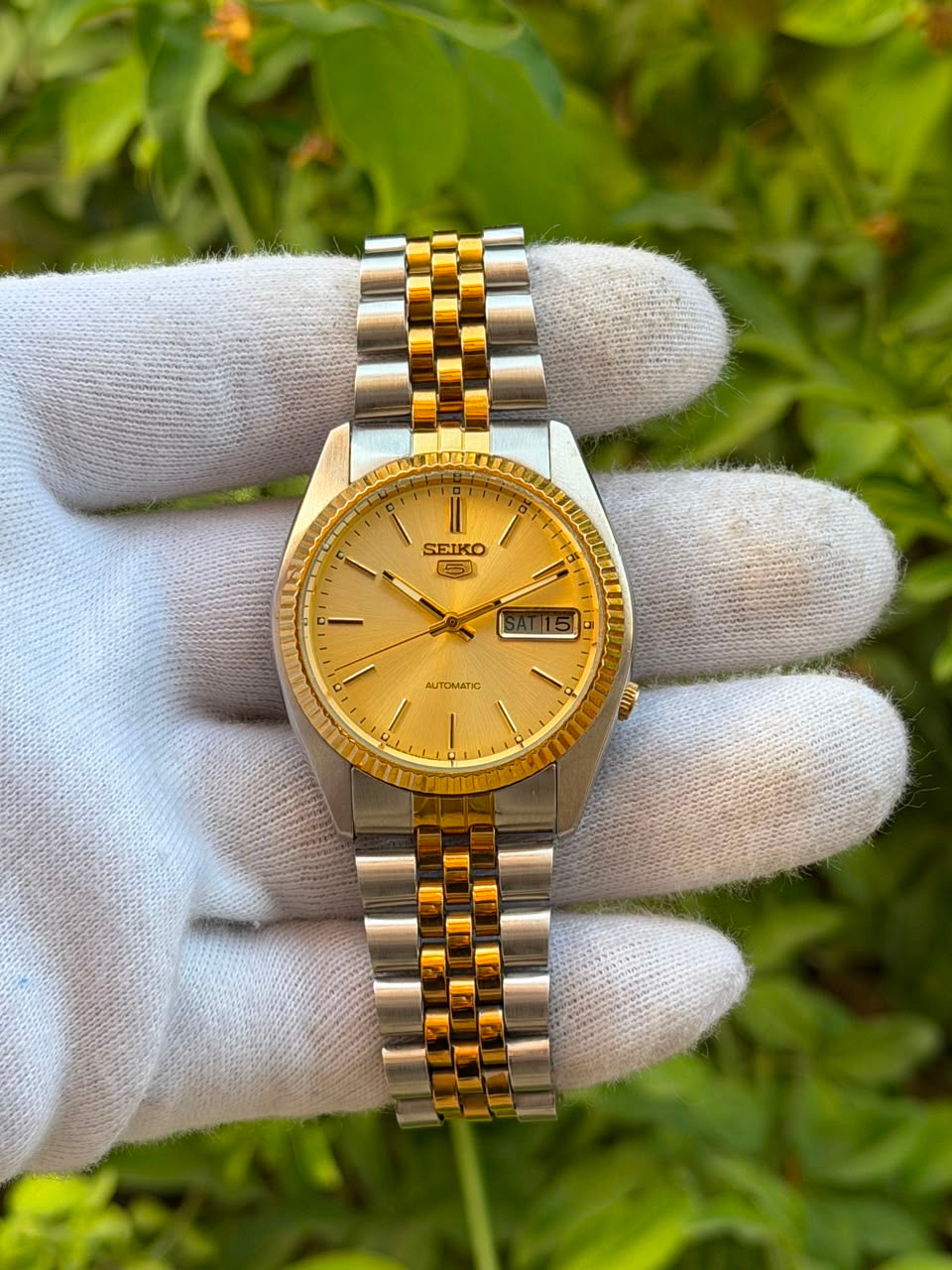 Vintage Seiko 5 Two-Tone Automatic Watch | Gold Champagne Dial Fluted Bezel Jubilee Bracelet Mens Watch