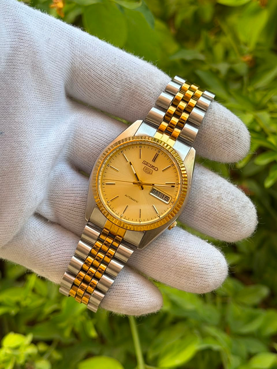 Vintage Seiko 5 Two-Tone Automatic Watch | Gold Champagne Dial Fluted Bezel Jubilee Bracelet Mens Watch