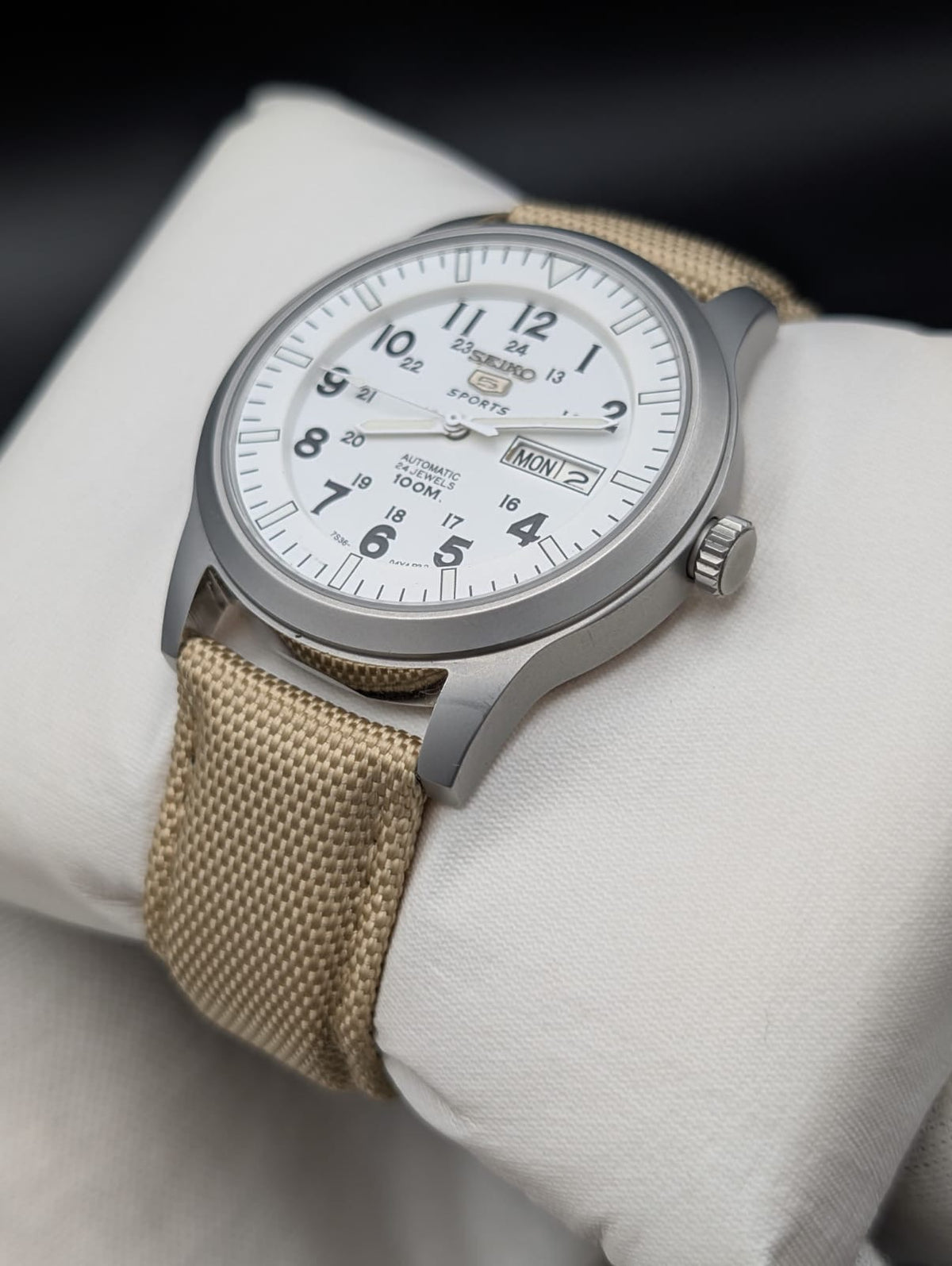 Seiko 5 Sports Automatic Watch - White Military Field Dial - 24 Jewels Original Seiko Movement - Day Date - Beige NATO Strap - Aftermarket Build - SNZG07 Homage