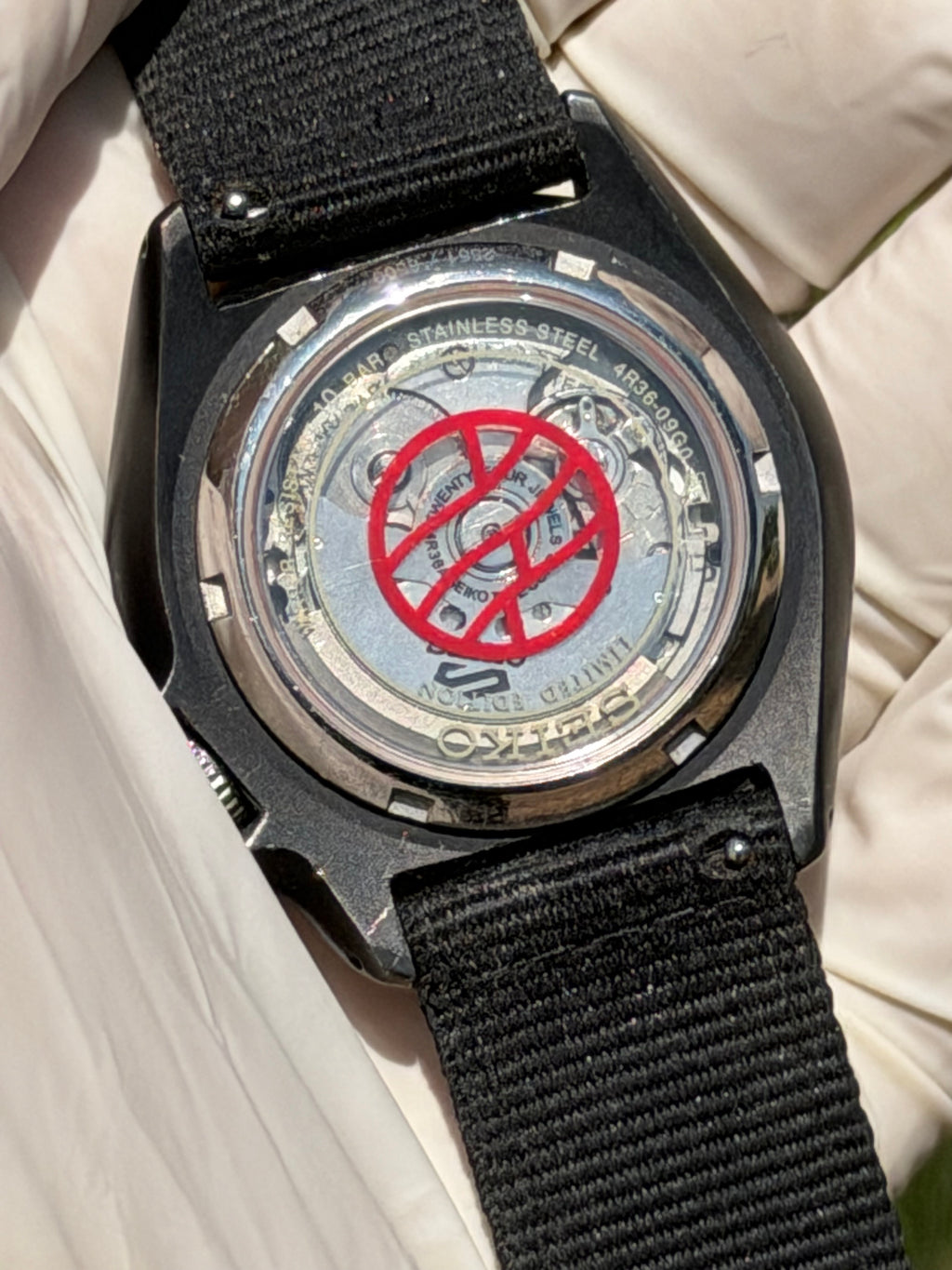 Limited Edition Stealth Blackout Custom Build - Original Seiko 4R36 Automatic Movement - Anime Inspired Day-Date - Exhibition Caseback - 10 Bar - NATO Edition