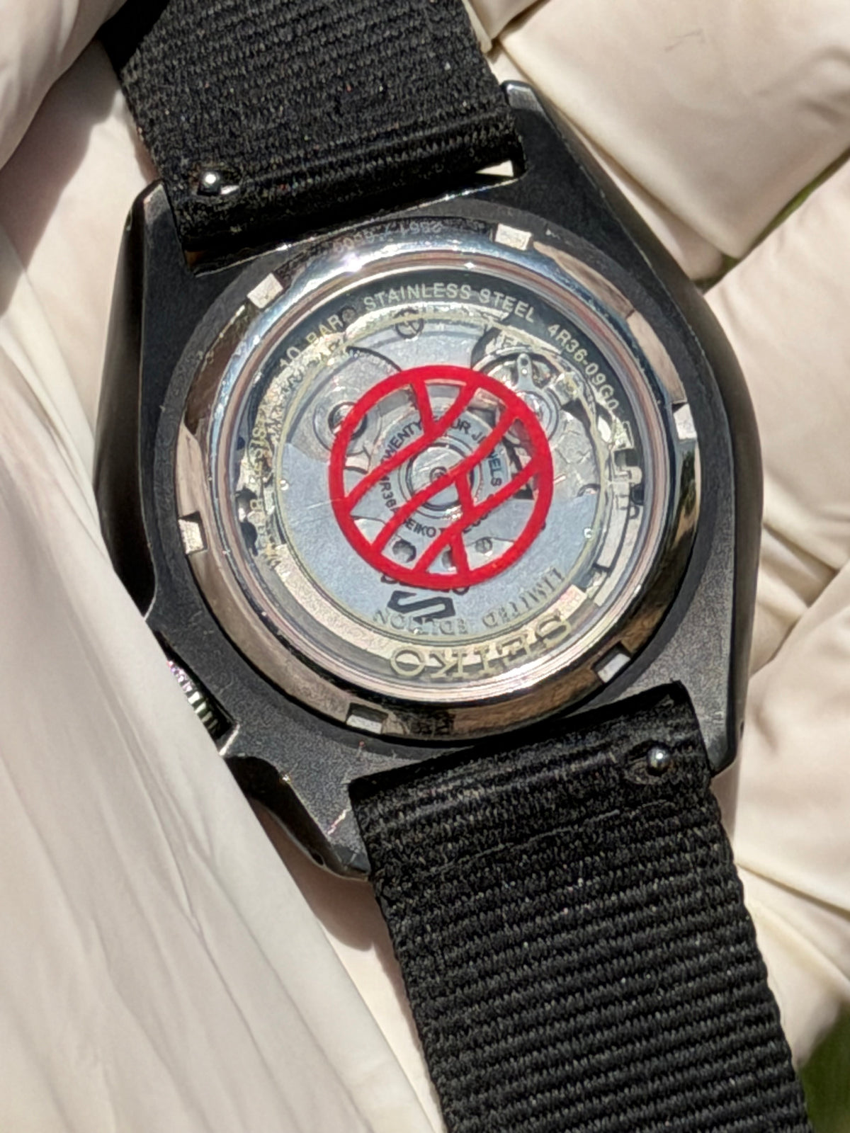 Limited Edition Stealth Blackout Custom Build - Original Seiko 4R36 Automatic Movement - Anime Inspired Day-Date - Exhibition Caseback - 10 Bar - NATO Edition