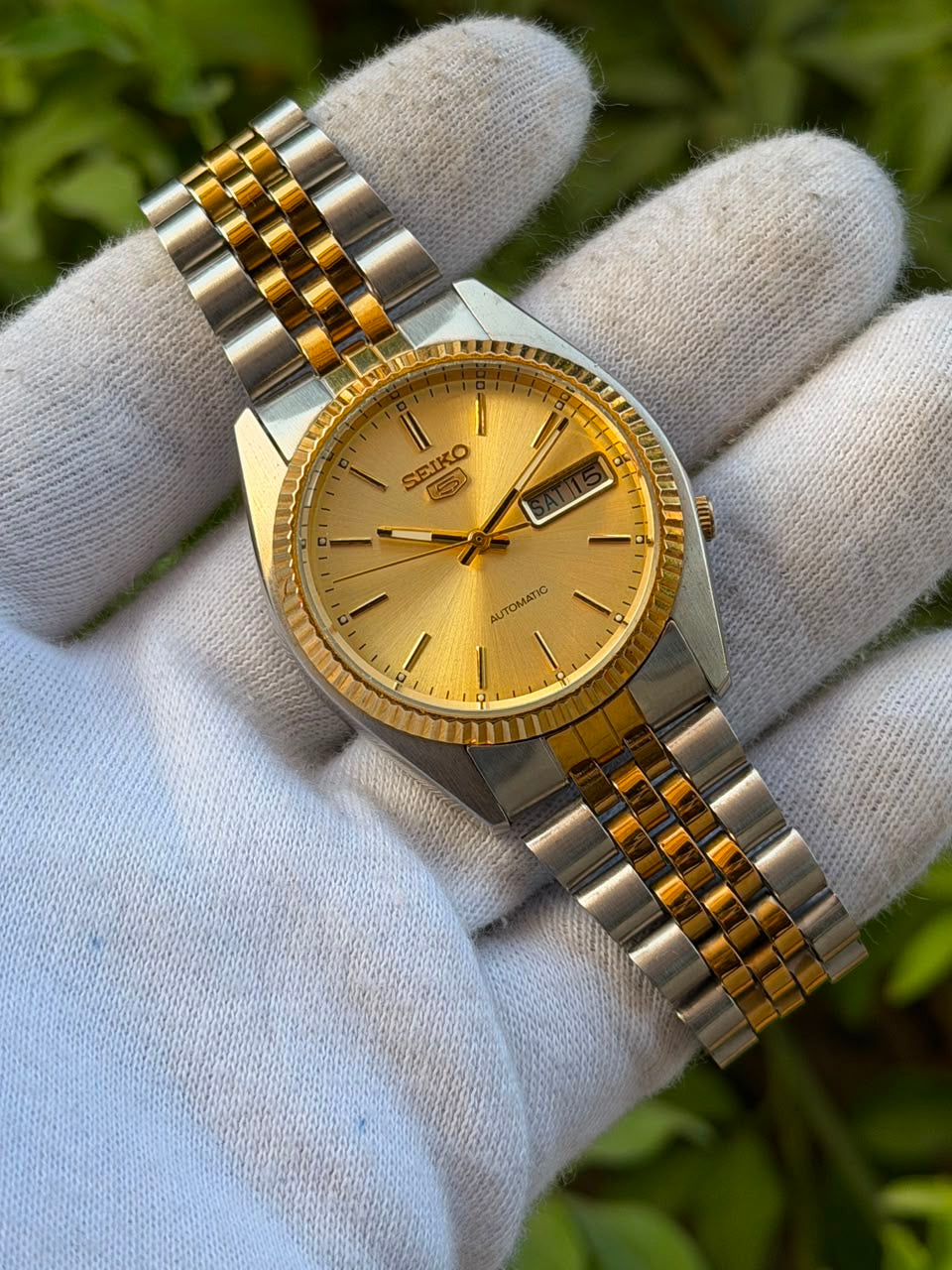 Vintage Seiko 5 Two-Tone Automatic Watch | Gold Champagne Dial Fluted Bezel Jubilee Bracelet Mens Watch