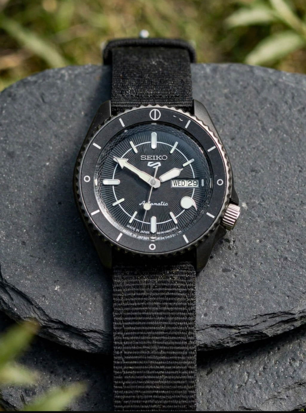 Limited Edition Stealth Blackout Custom Build - Original Seiko 4R36 Automatic Movement - Anime Inspired Day-Date - Exhibition Caseback - 10 Bar - NATO Edition