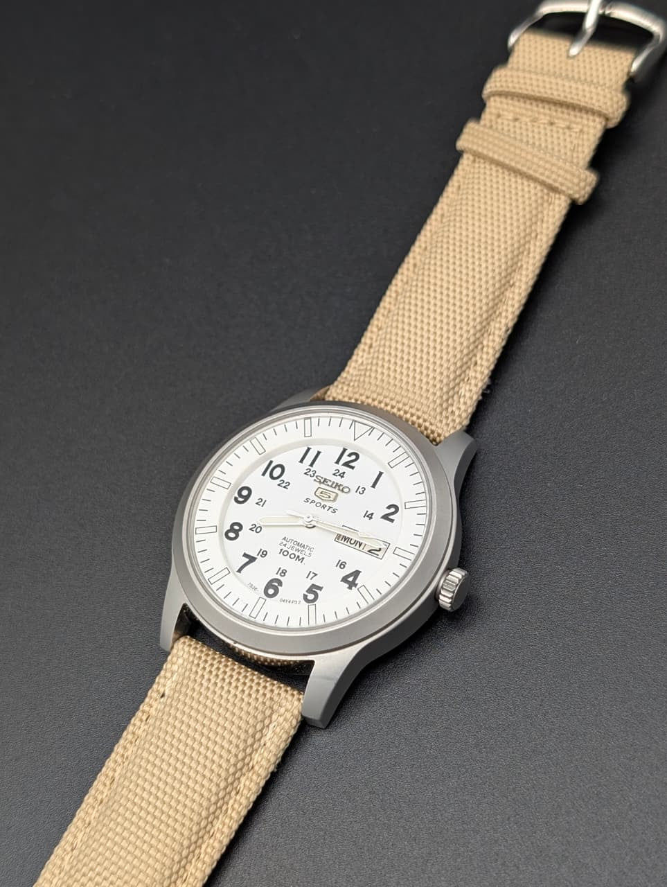 Seiko 5 Sports Automatic Watch - White Military Field Dial - 24 Jewels Original Seiko Movement - Day Date - Beige NATO Strap - Aftermarket Build - SNZG07 Homage