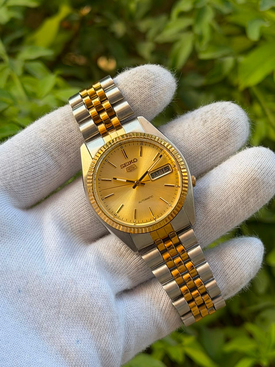 Vintage Seiko 5 Two-Tone Automatic Watch | Gold Champagne Dial Fluted Bezel Jubilee Bracelet Mens Watch