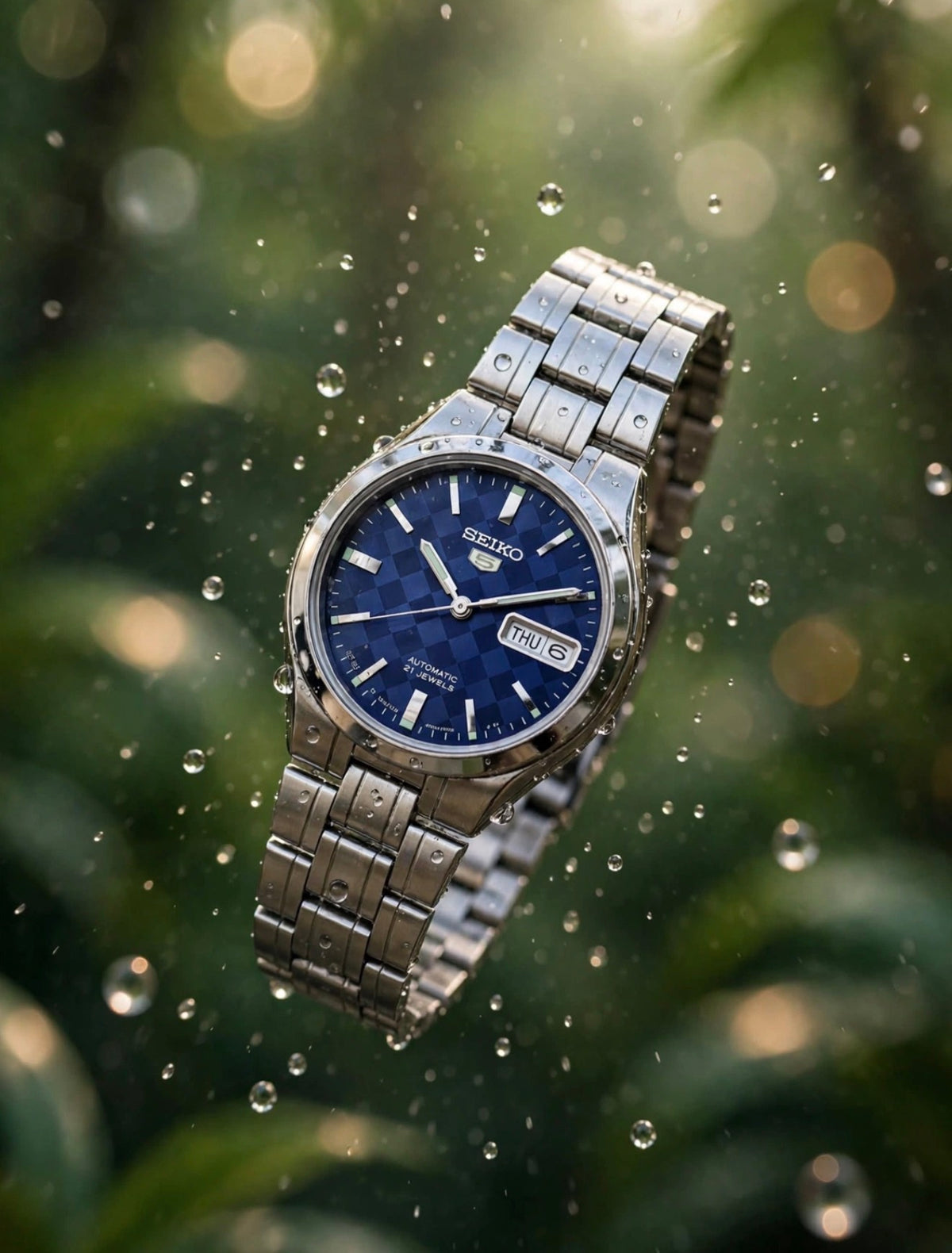 Gift For Him - Vintage Seiko 5 Automatic Blue Checkered Dial Watch - Day Date - 21 Jewels Gift For Dad| Refurbished