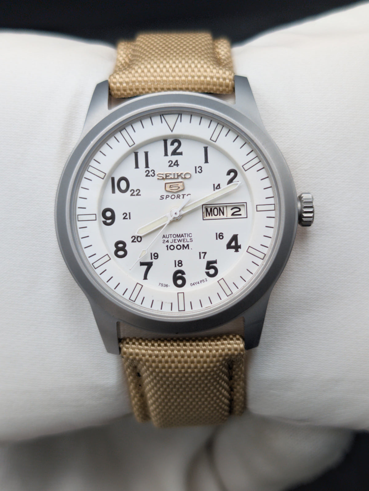Seiko 5 Sports Automatic Watch - White Military Field Dial - 24 Jewels Original Seiko Movement - Day Date - Beige NATO Strap - Aftermarket Build - SNZG07 Homage