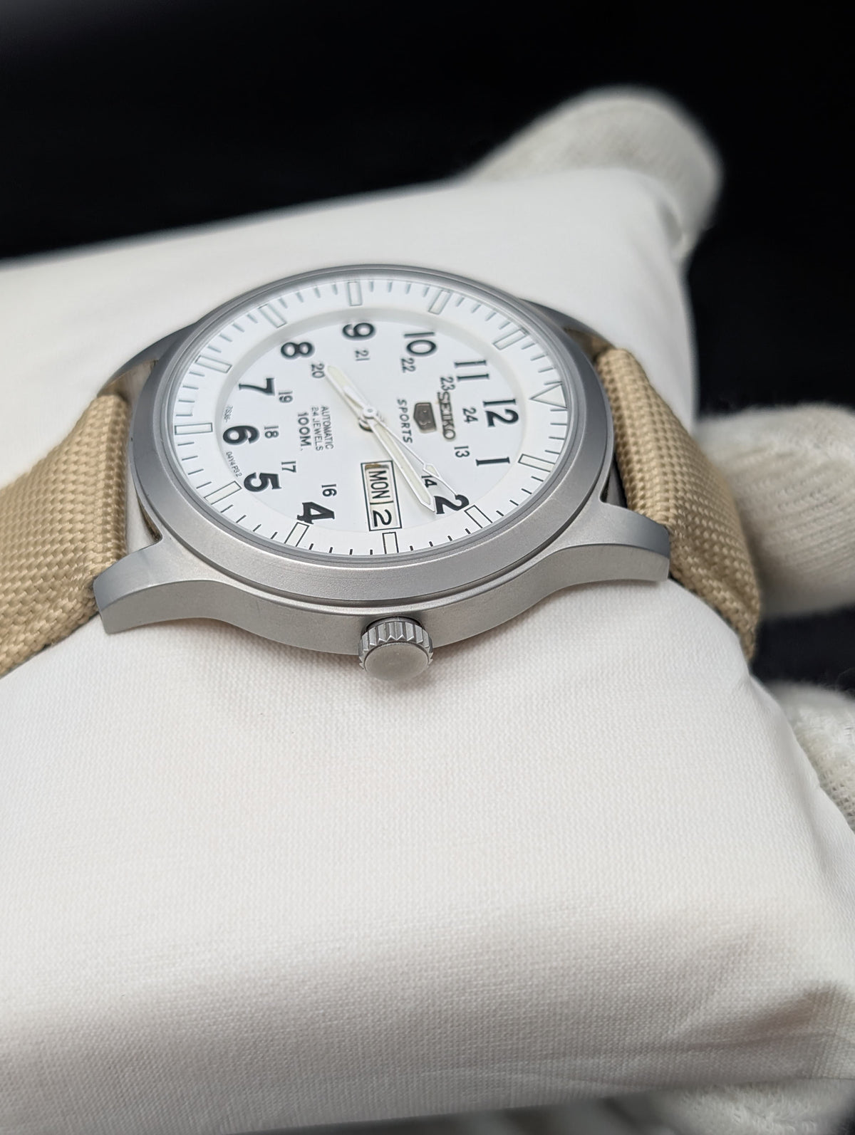 Seiko 5 Sports Automatic Watch - White Military Field Dial - 24 Jewels Original Seiko Movement - Day Date - Beige NATO Strap - Aftermarket Build - SNZG07 Homage