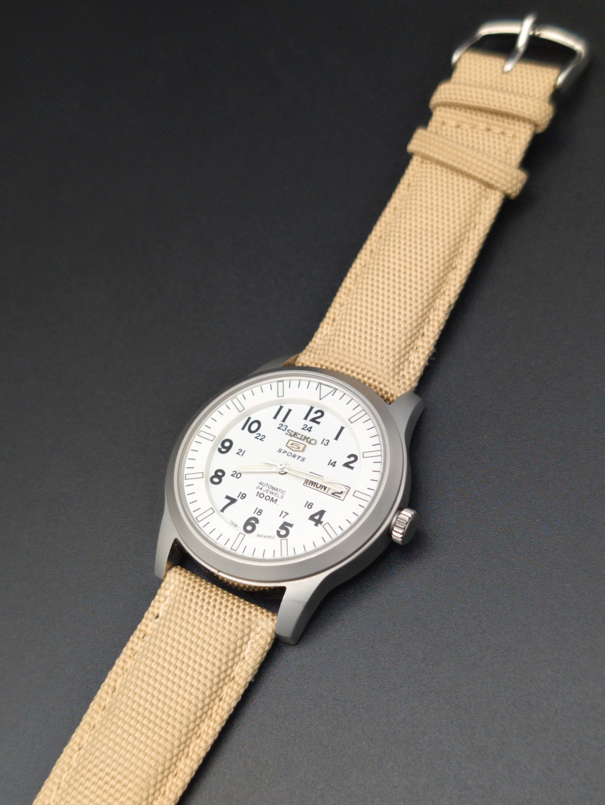 Seiko 5 Sports Automatic Watch - White Military Field Dial - 24 Jewels Original Seiko Movement - Day Date - Beige NATO Strap - Aftermarket Build - SNZG07 Homage