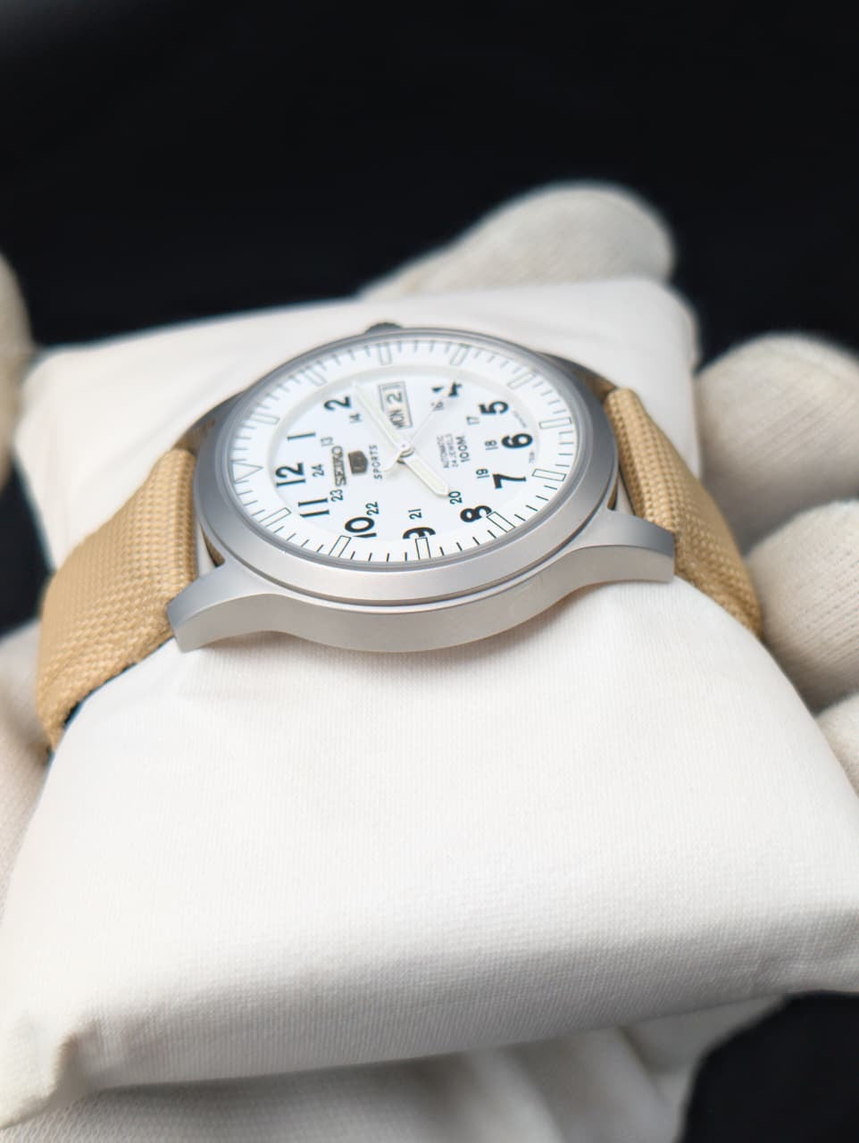 Seiko 5 Sports Automatic Watch - White Military Field Dial - 24 Jewels Original Seiko Movement - Day Date - Beige NATO Strap - Aftermarket Build - SNZG07 Homage