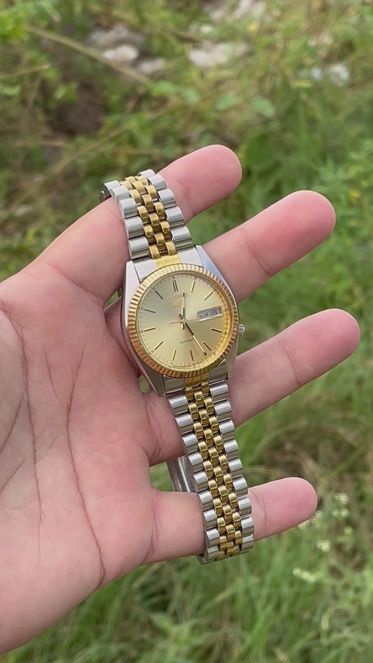 Vintage Seiko 5 Two-Tone Automatic Watch | Gold Champagne Dial Fluted Bezel Jubilee Bracelet Mens Watch
